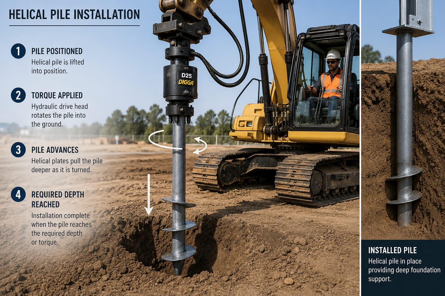 Helical pile installation diagram showing hydraulic drive head and installed pile